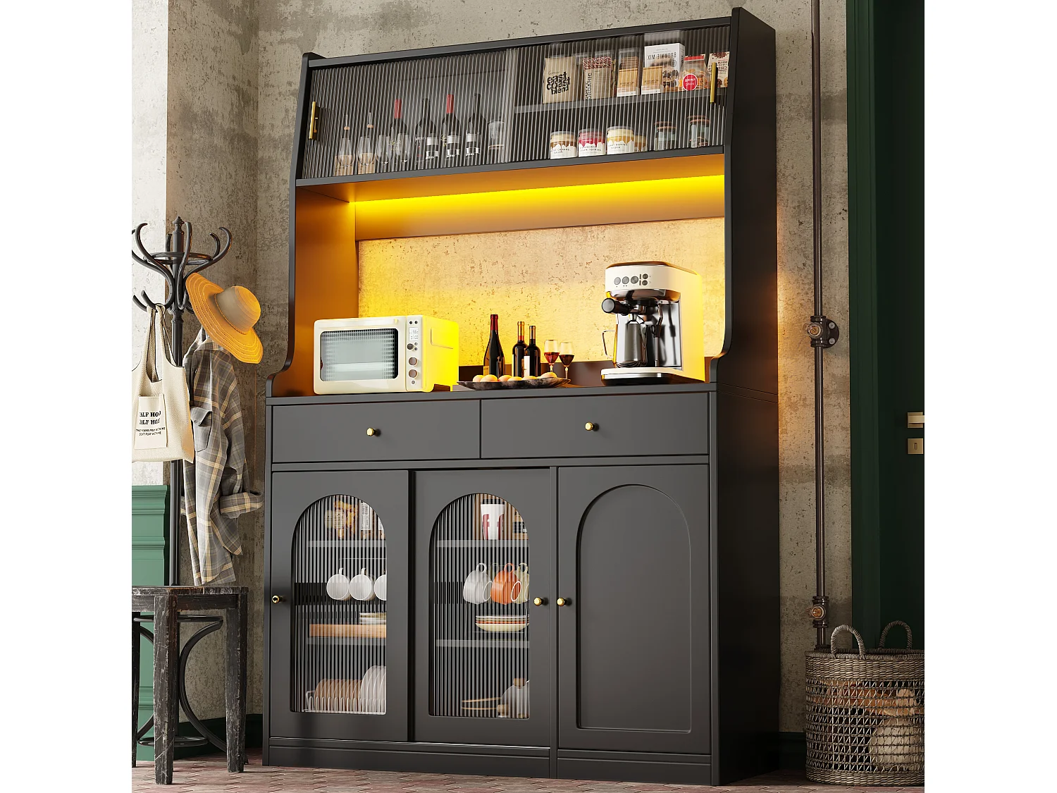 Kitchen sideboard 120x40x180cm - with LED lighting - 2 drawers and 5 doors - adjustable shelves - black