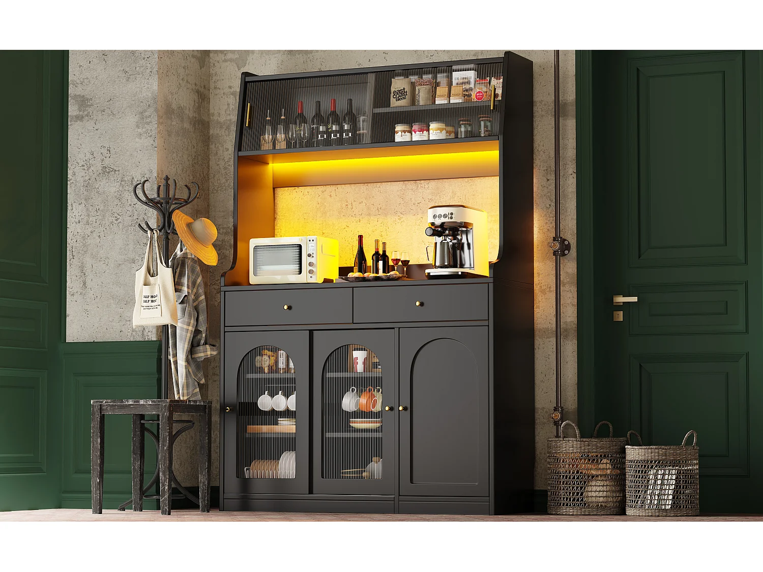 Kitchen sideboard 120x40x180cm - with LED lighting - 2 drawers and 5 doors - adjustable shelves - black
