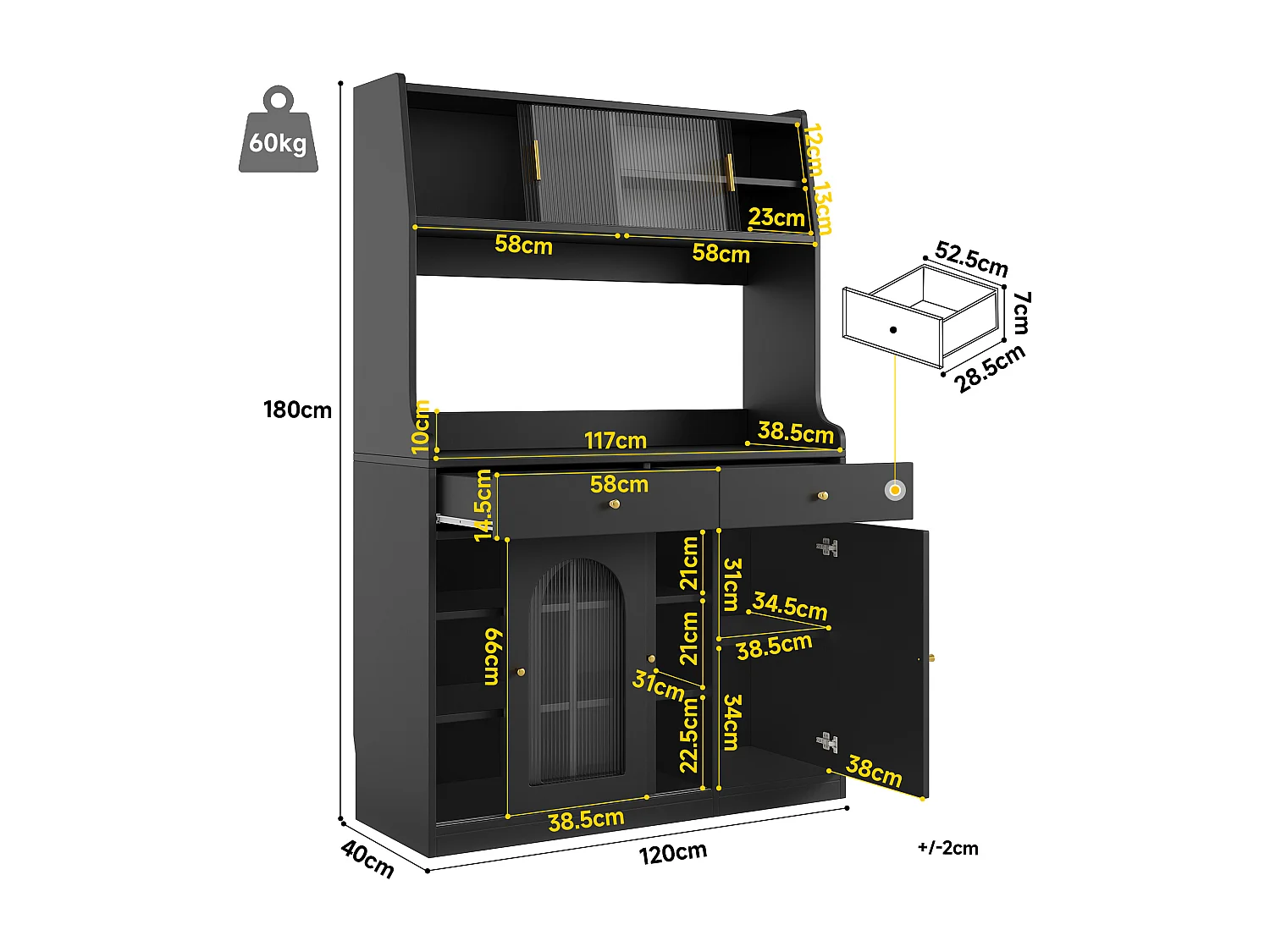 Kitchen sideboard 120x40x180cm - with LED lighting - 2 drawers and 5 doors - adjustable shelves - black