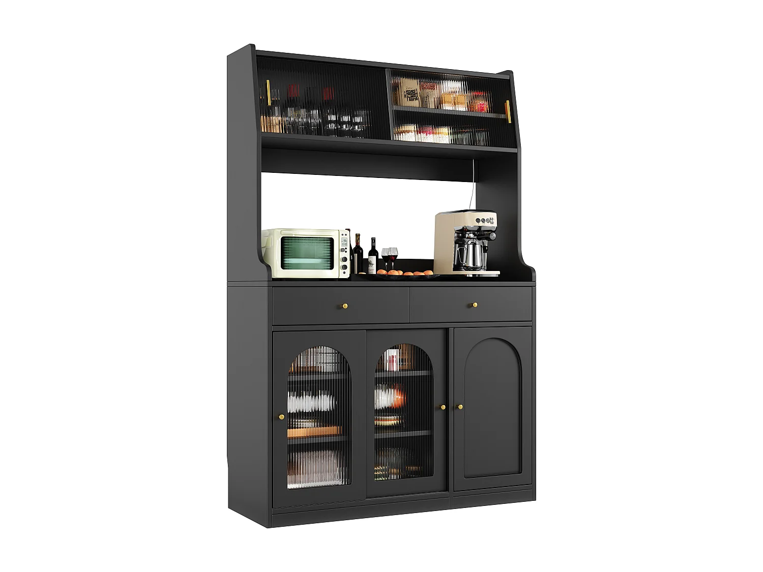 Kitchen sideboard 120x40x180cm - with LED lighting - 2 drawers and 5 doors - adjustable shelves - black