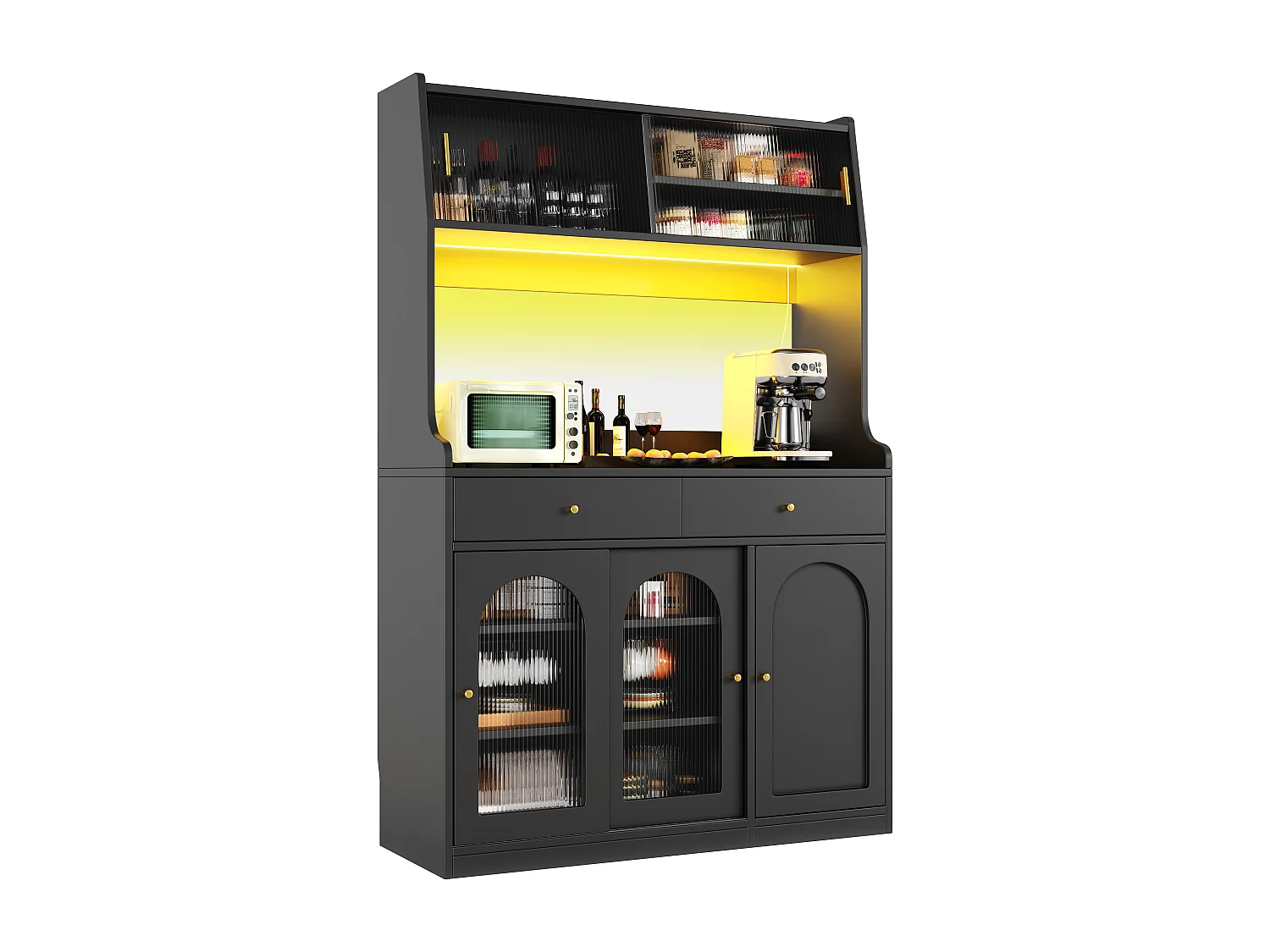 Kitchen sideboard 120x40x180cm - with LED lighting - 2 drawers and 5 doors - adjustable shelves - black