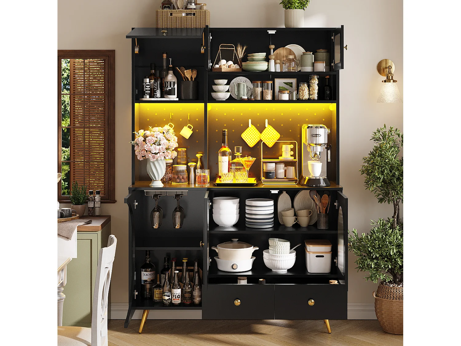 Kitchen Sideboard with USB & AC Outlets - Tall Cabinet with LED Lighting, Pegboard Panel and Wine Compartments - Black