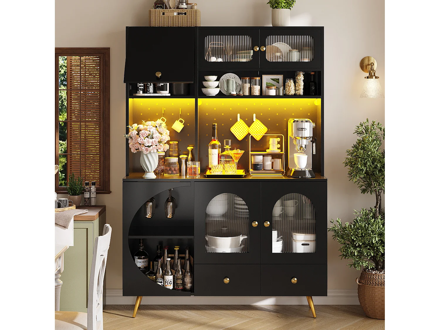 Kitchen Sideboard with USB & AC Outlets - Tall Cabinet with LED Lighting, Pegboard Panel and Wine Compartments - Black