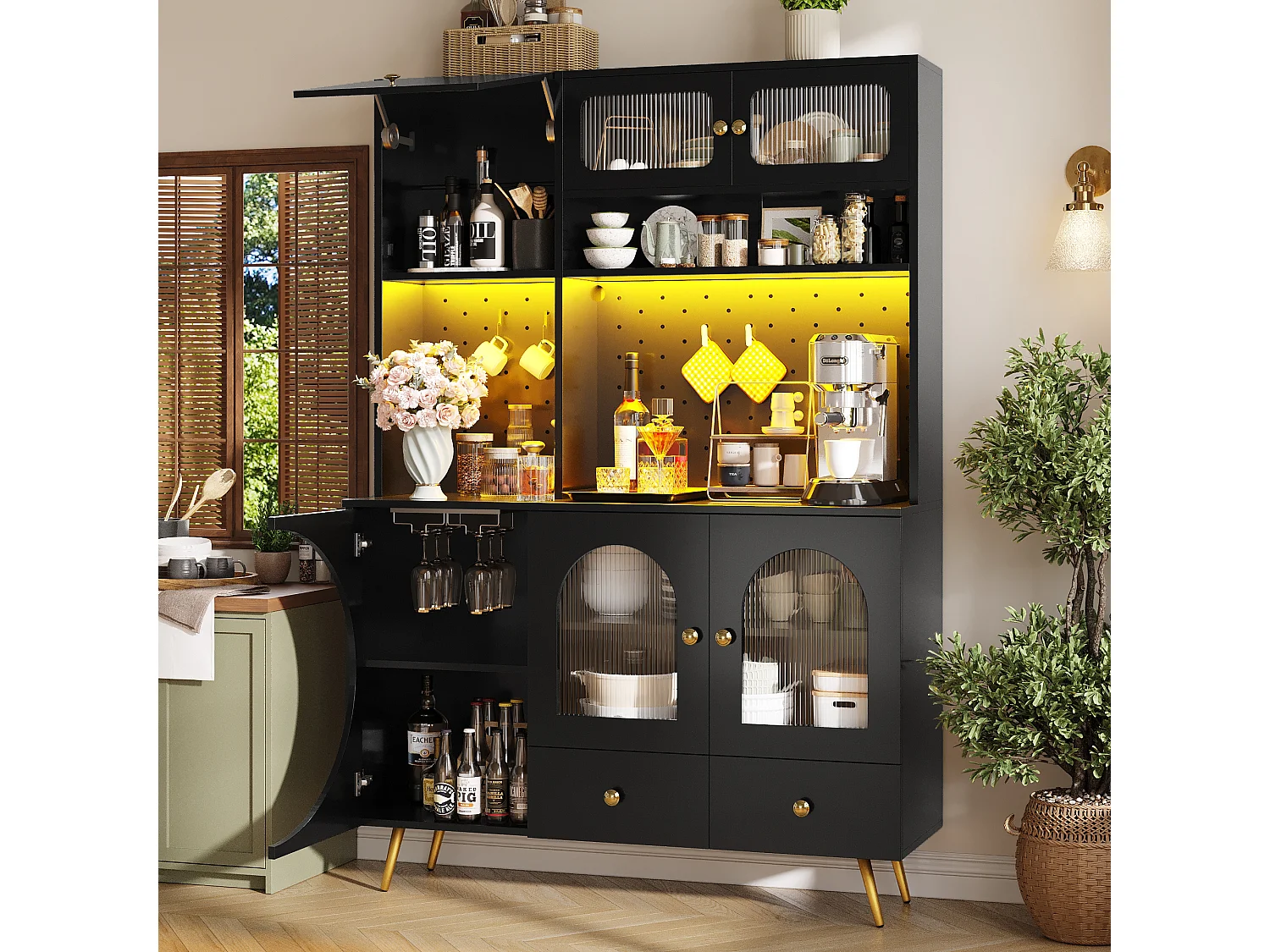 Kitchen Sideboard with USB & AC Outlets - Tall Cabinet with LED Lighting, Pegboard Panel and Wine Compartments - Black