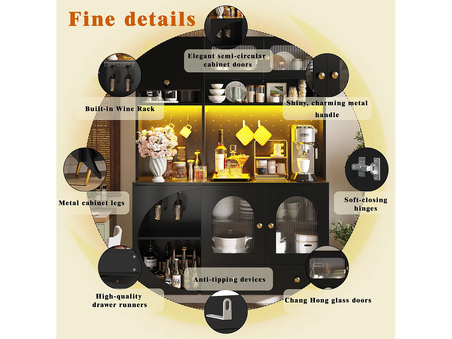 Kitchen Sideboard with USB & AC Outlets - Tall Cabinet with LED Lighting, Pegboard Panel and Wine Compartments - Black