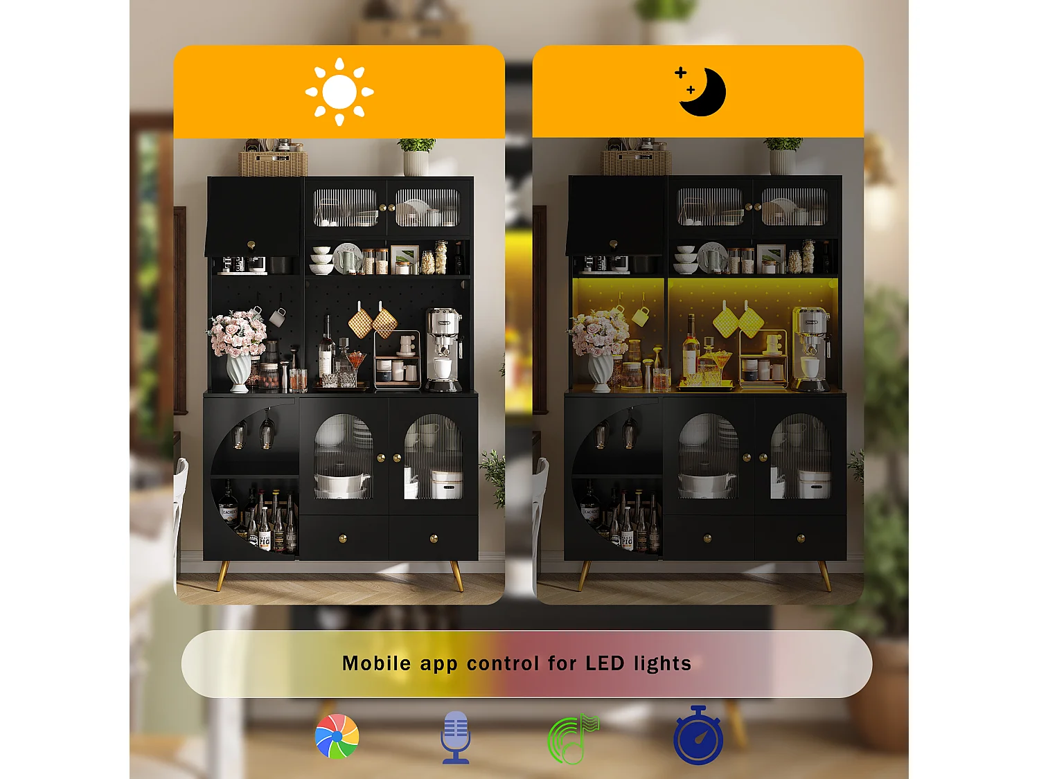 Kitchen Sideboard with USB & AC Outlets - Tall Cabinet with LED Lighting, Pegboard Panel and Wine Compartments - Black