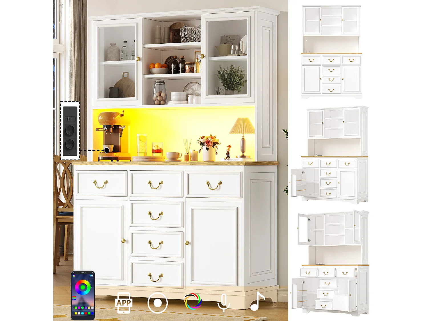 Kitchen Sideboard 118x180cm with LED, Built-in Sockets, Snack Holder and Trash Compartment - White