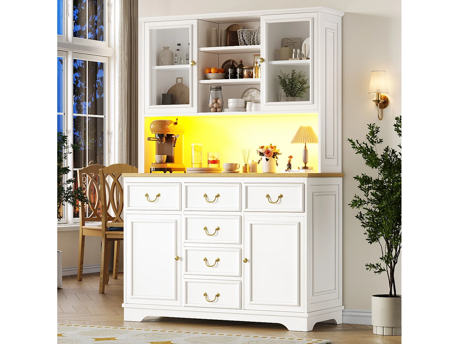 Kitchen Sideboard 118x180cm with LED, Built-in Sockets, Snack Holder and Trash Compartment - White