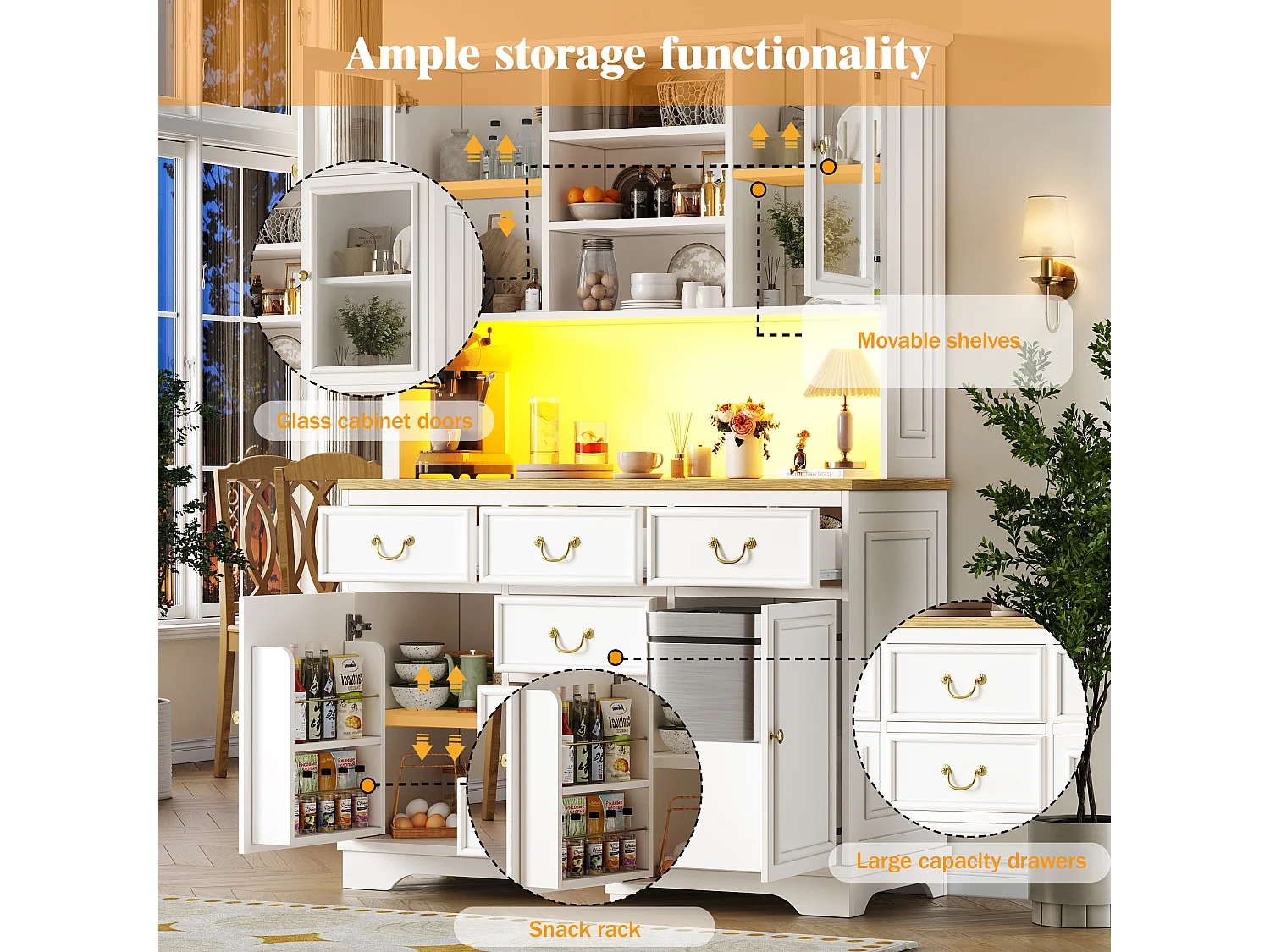 Kitchen Sideboard 118x180cm with LED, Built-in Sockets, Snack Holder and Trash Compartment - White