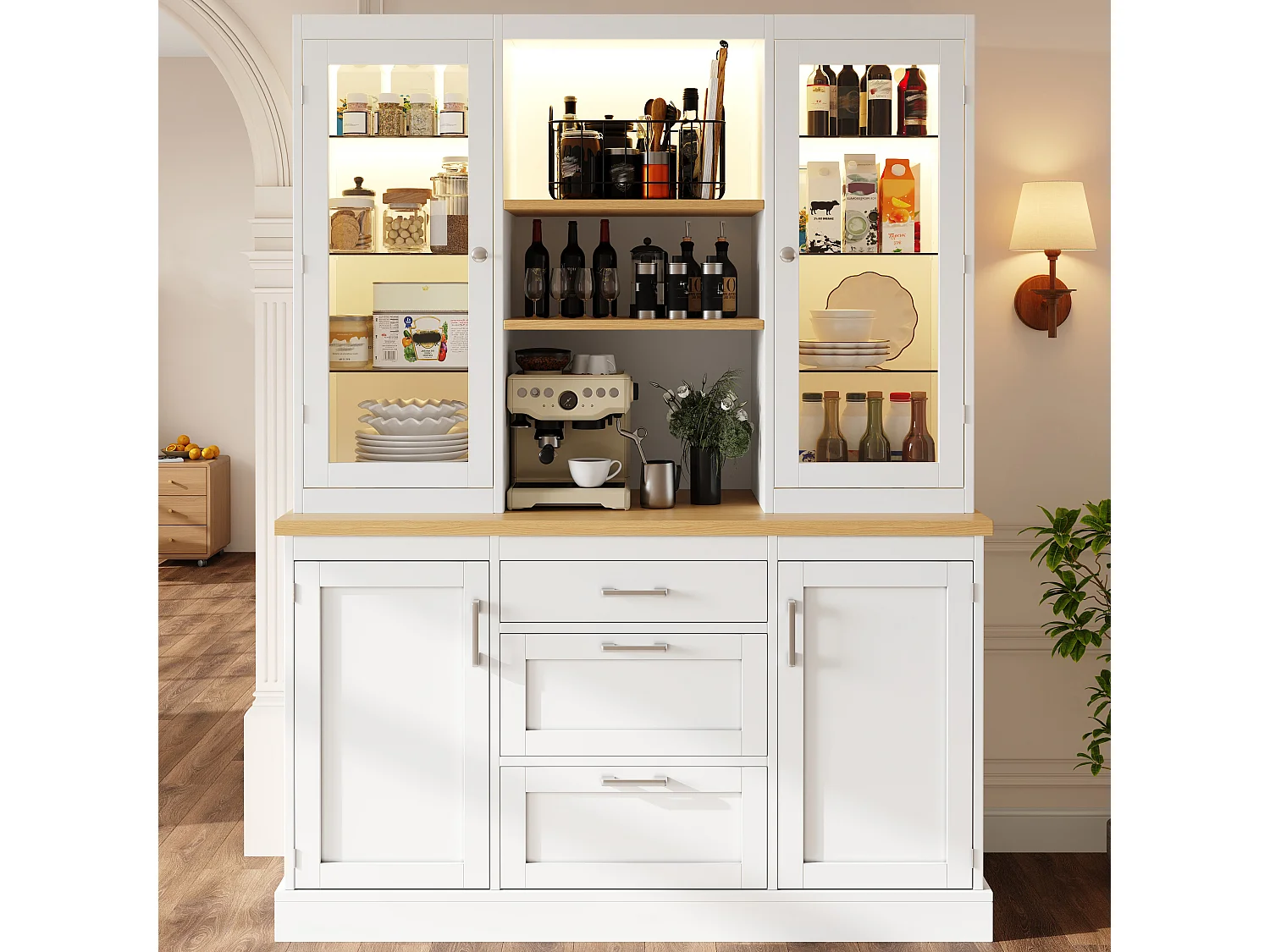 Kitchen Sideboard 140x185cm with LED, Storage Cabinet with Worktop, 3 Drawers and Glass Doors - White