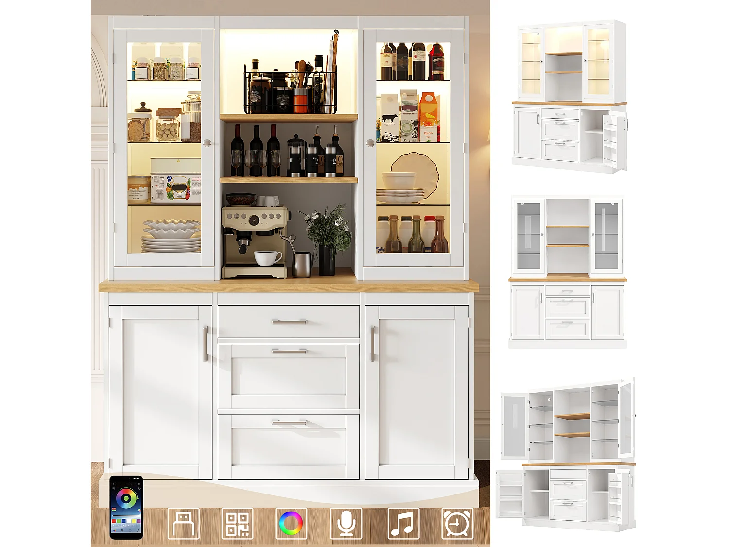 Kitchen Sideboard 140x185cm with LED, Storage Cabinet with Worktop, 3 Drawers and Glass Doors - White