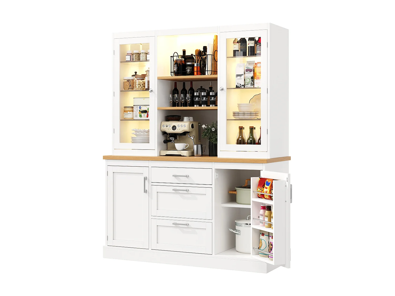 Kitchen Sideboard 140x185cm with LED, Storage Cabinet with Worktop, 3 Drawers and Glass Doors - White
