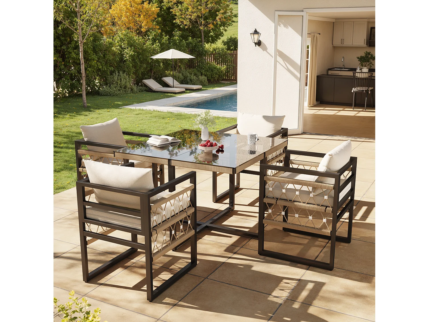 Garden dining set for 4 people, rope design, 1 dining table with safety grain, galvanized iron, 4 armchairs, grey