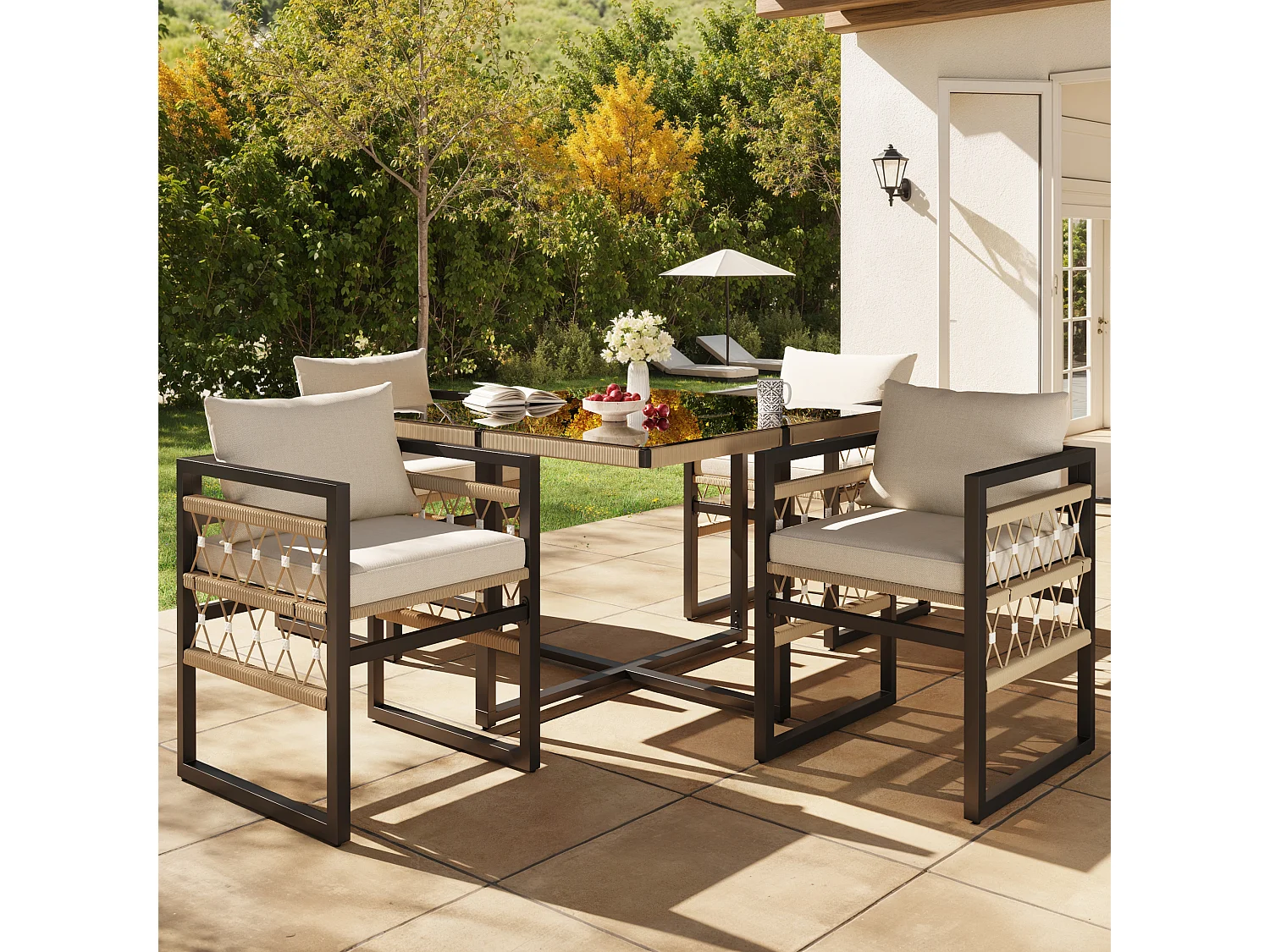 Garden dining set for 4 people, rope design, 1 dining table with safety grain, galvanized iron, 4 armchairs, grey