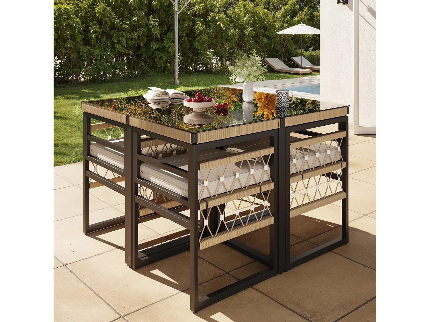 Garden dining set for 4 people, rope design, 1 dining table with safety grain, galvanized iron, 4 armchairs, grey