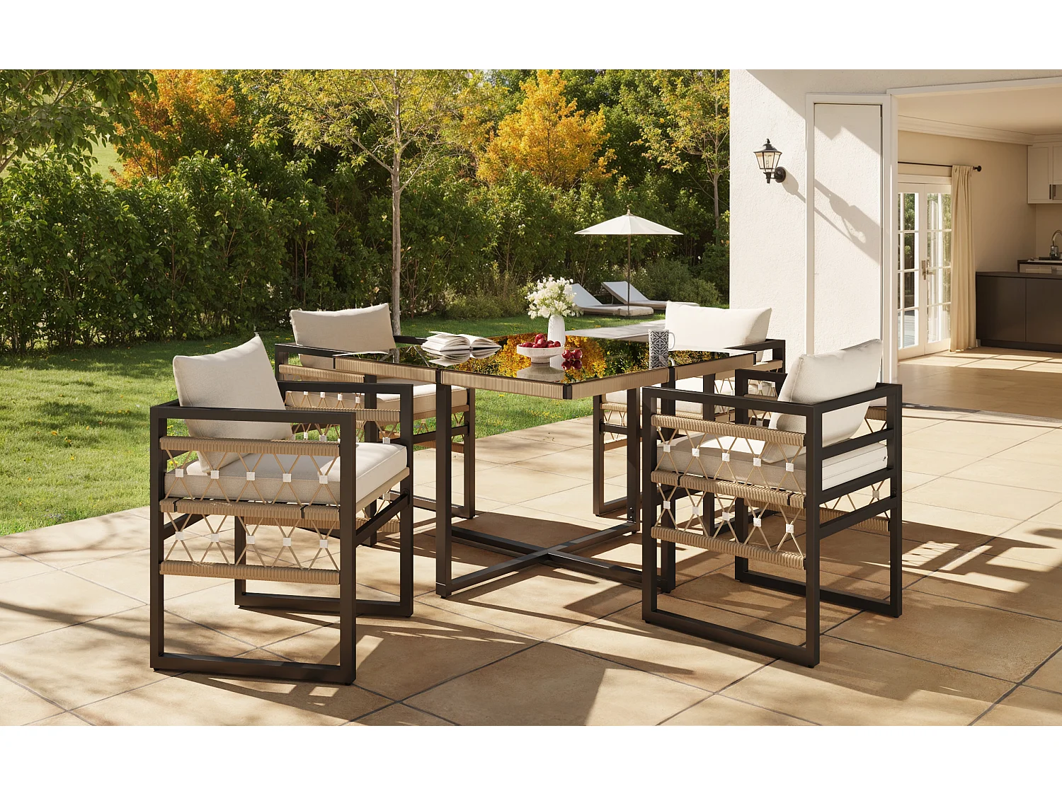 Garden dining set for 4 people, rope design, 1 dining table with safety grain, galvanized iron, 4 armchairs, grey