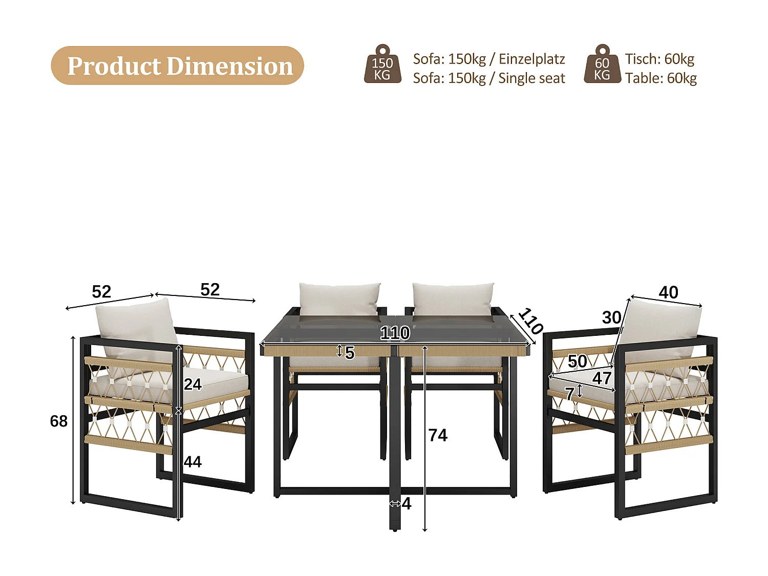 Garden dining set for 4 people, rope design, 1 dining table with safety grain, galvanized iron, 4 armchairs, grey