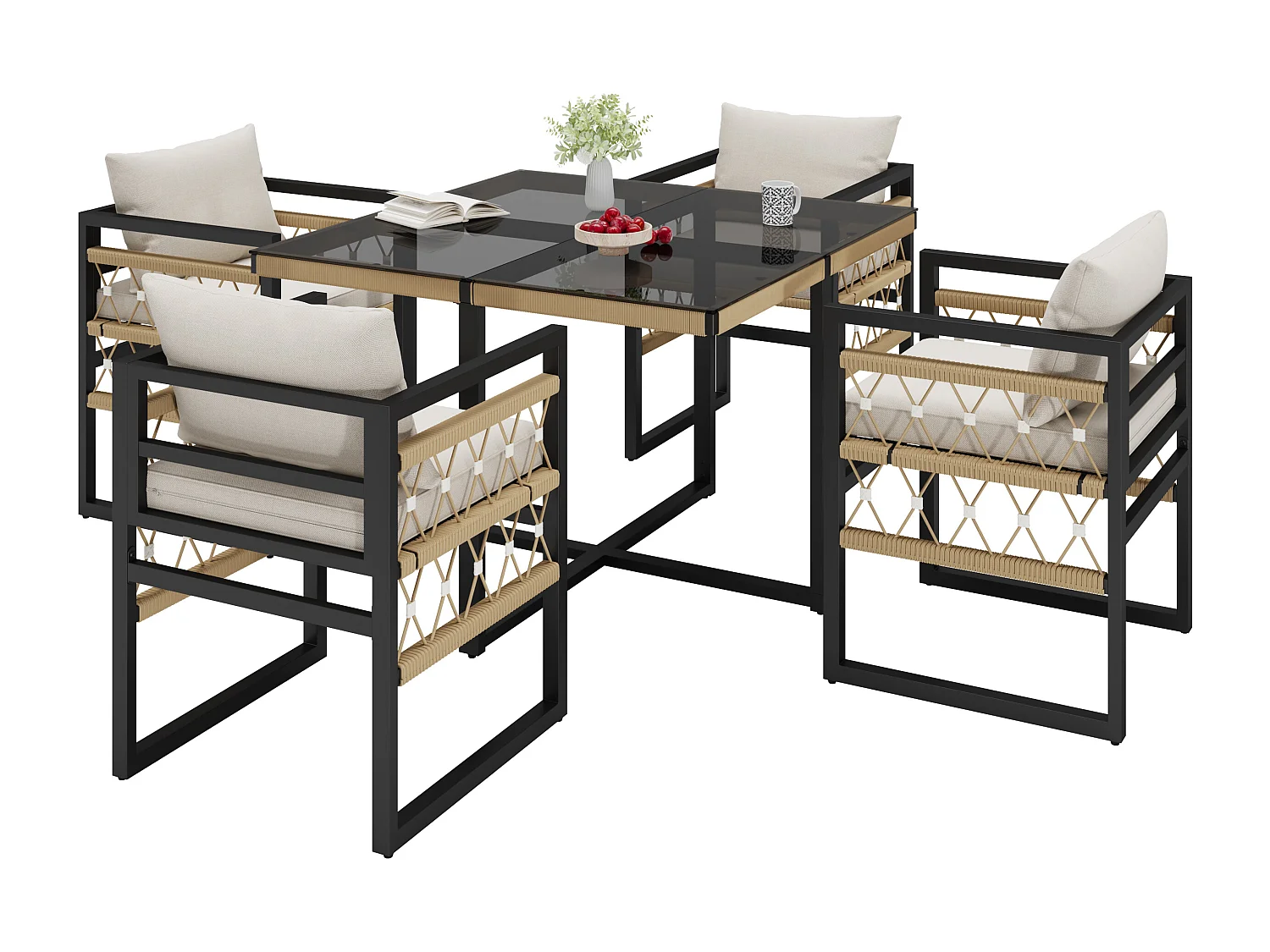 Garden dining set for 4 people, rope design, 1 dining table with safety grain, galvanized iron, 4 armchairs, grey