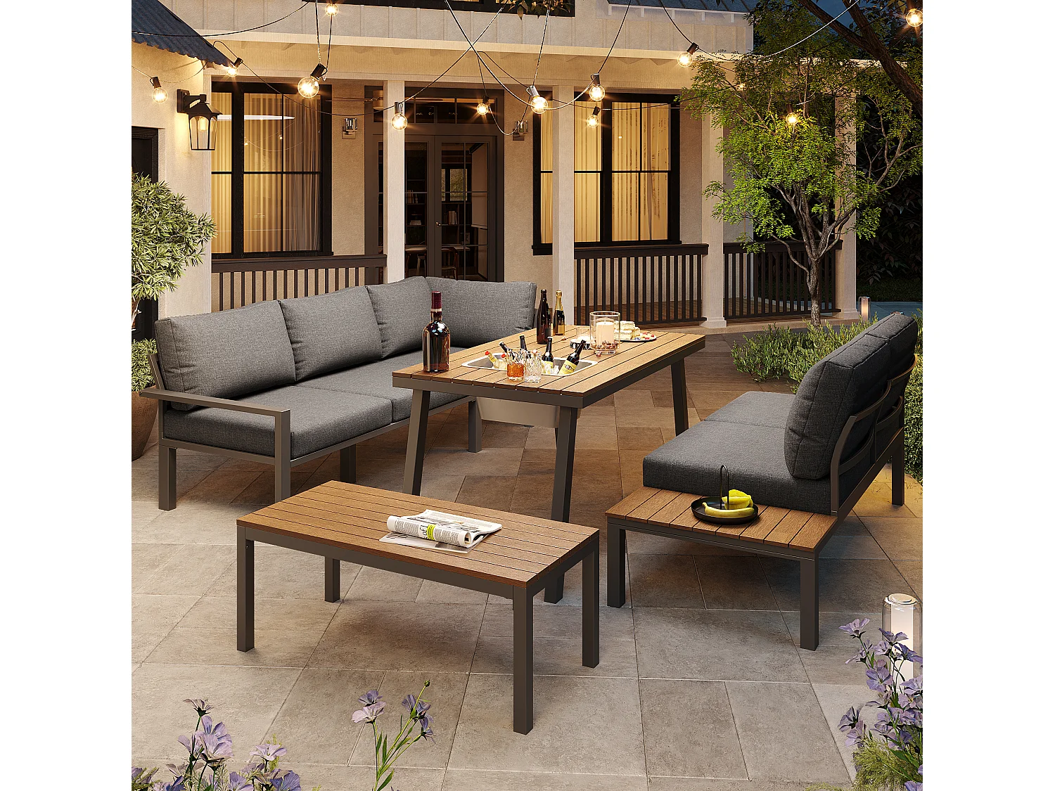 Garden dining set - for 6-7 people - galvanized iron frame - with 1 table - tabletop with ice bucket - Grey