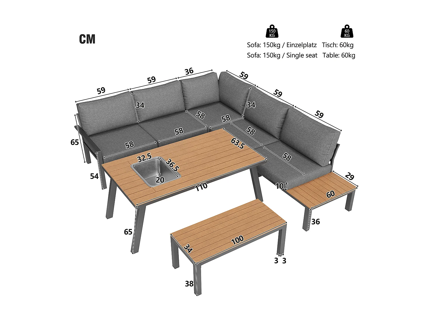 Garden dining set - for 6-7 people - galvanized iron frame - with 1 table - tabletop with ice bucket - Grey