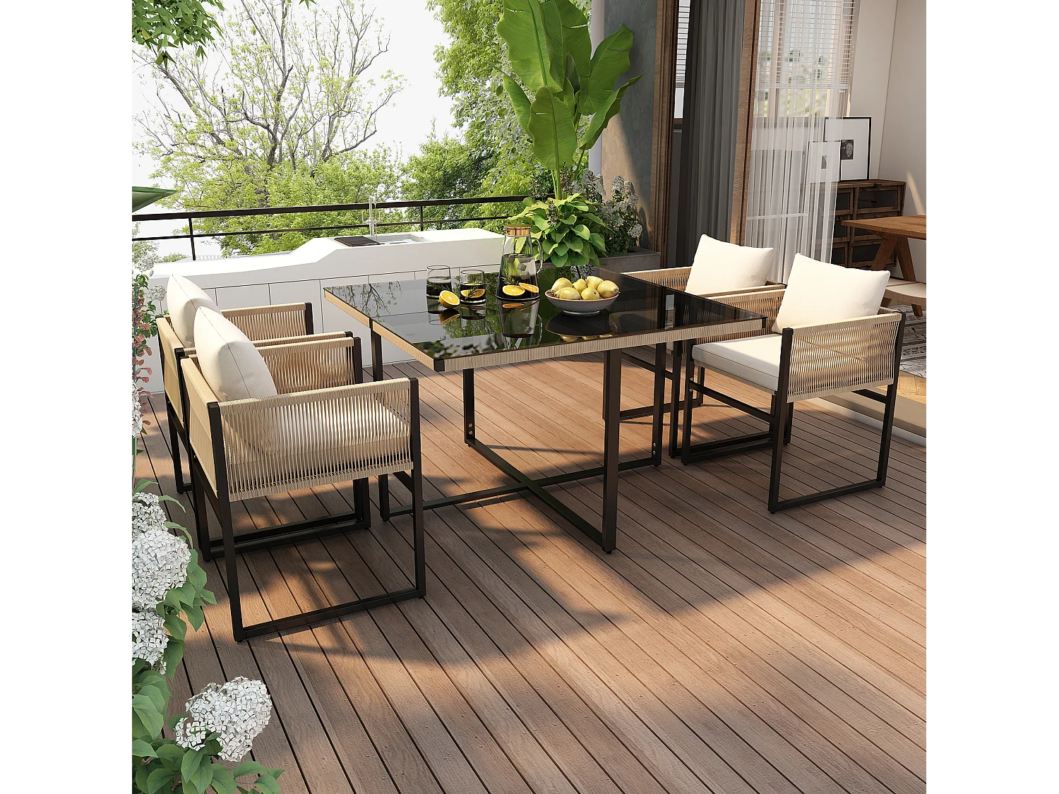 Garden table and chair set - 4 seats - 1 table and 4 chairs decorated with rope - Beige