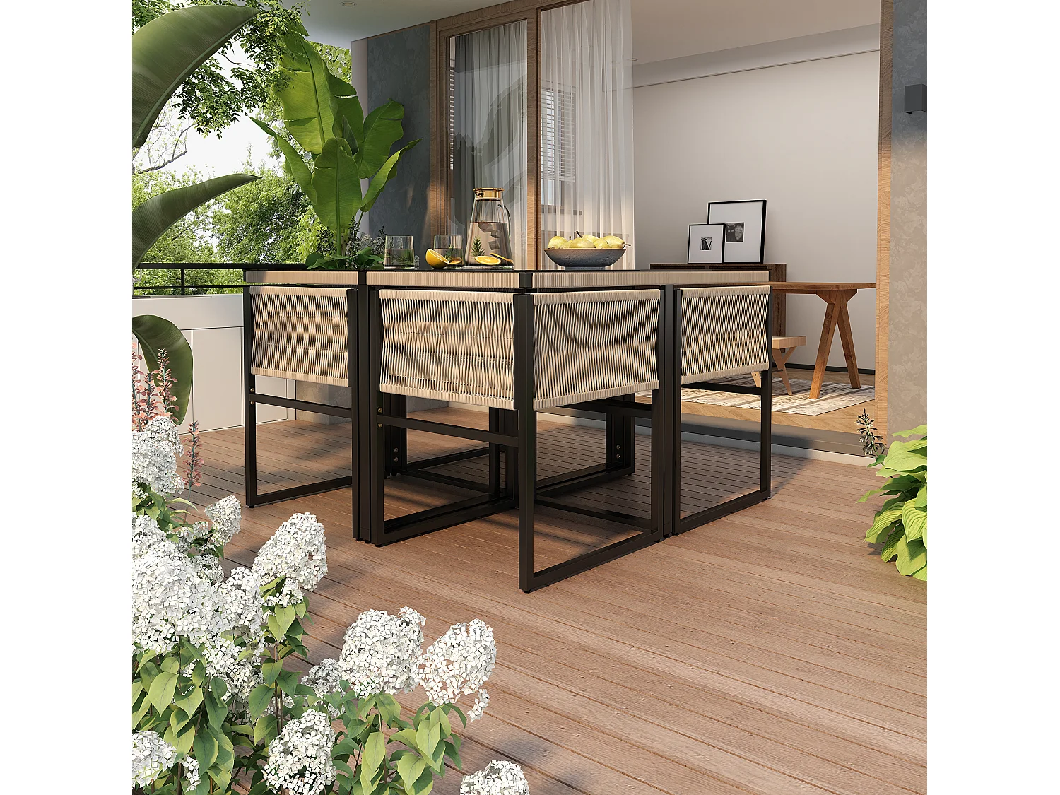Garden table and chair set - 4 seats - 1 table and 4 chairs decorated with rope - Beige