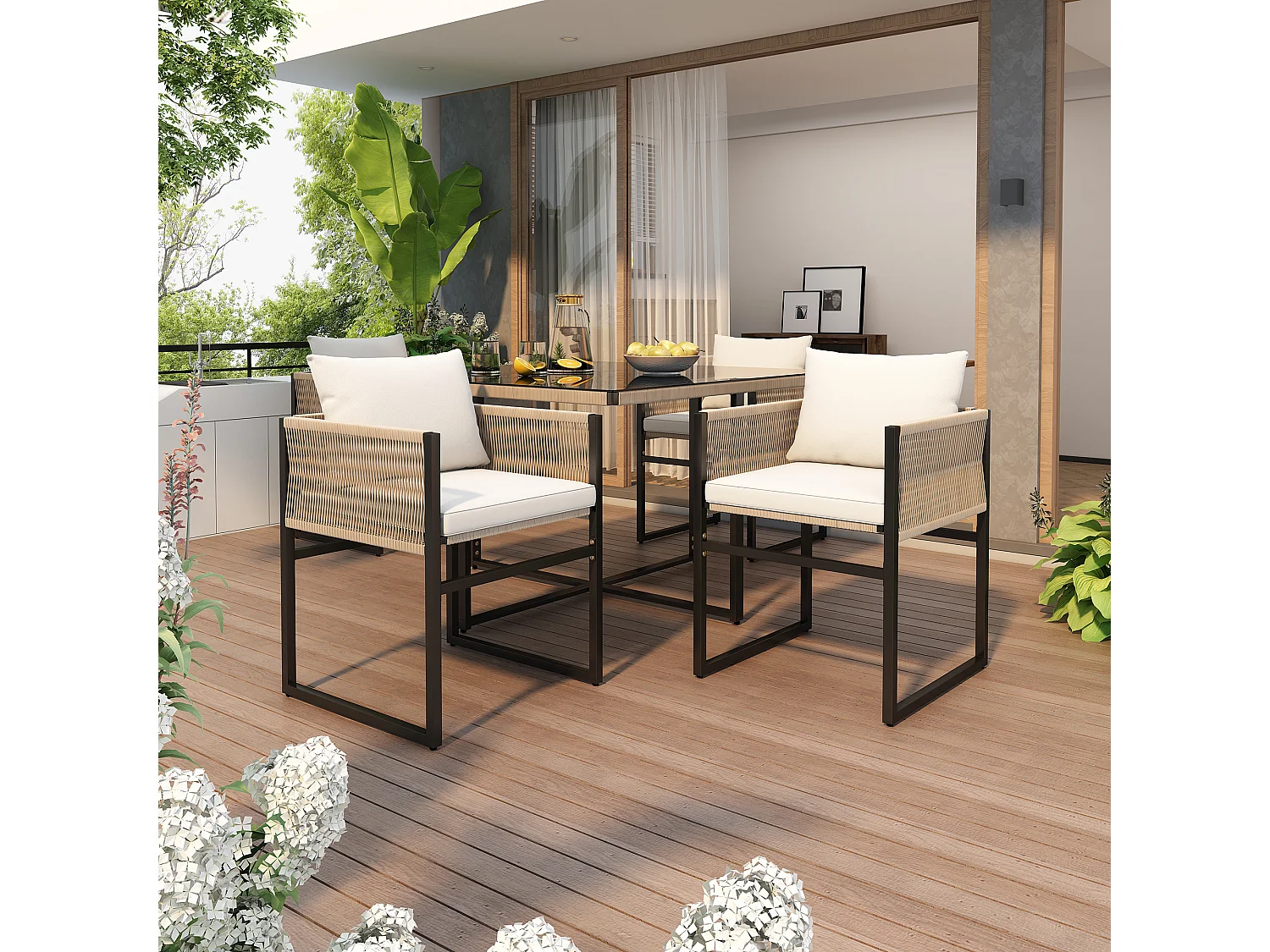 Garden table and chair set - 4 seats - 1 table and 4 chairs decorated with rope - Beige