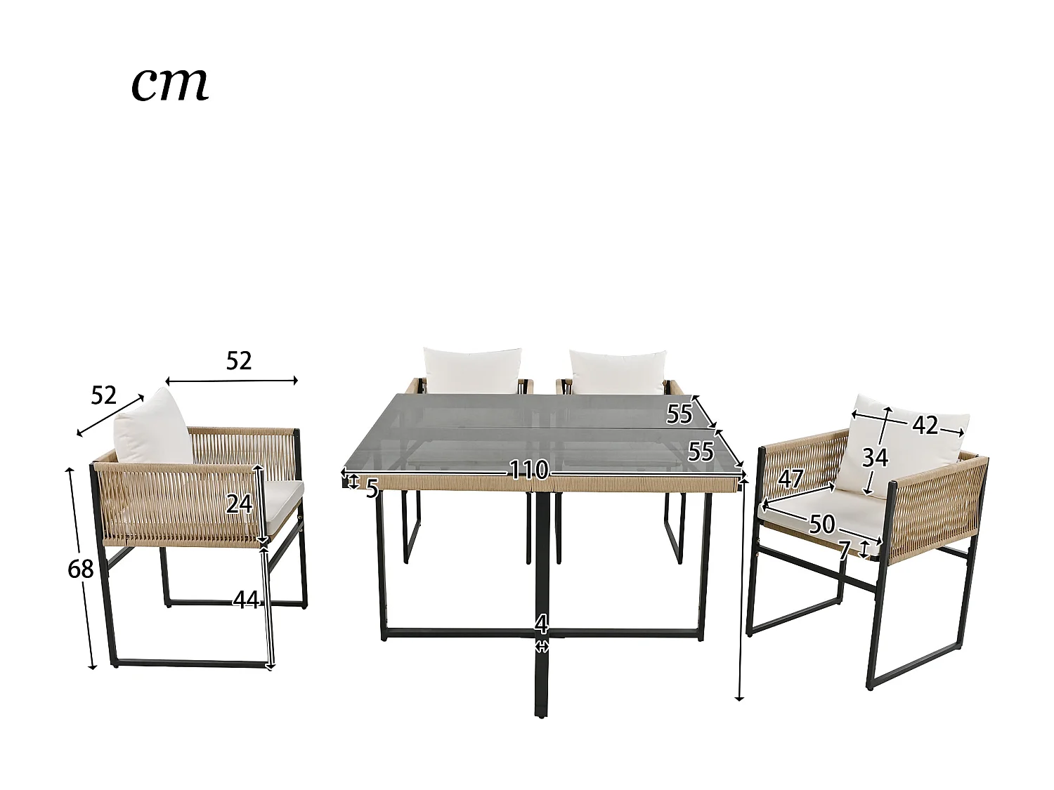 Garden table and chair set - 4 seats - 1 table and 4 chairs decorated with rope - Beige