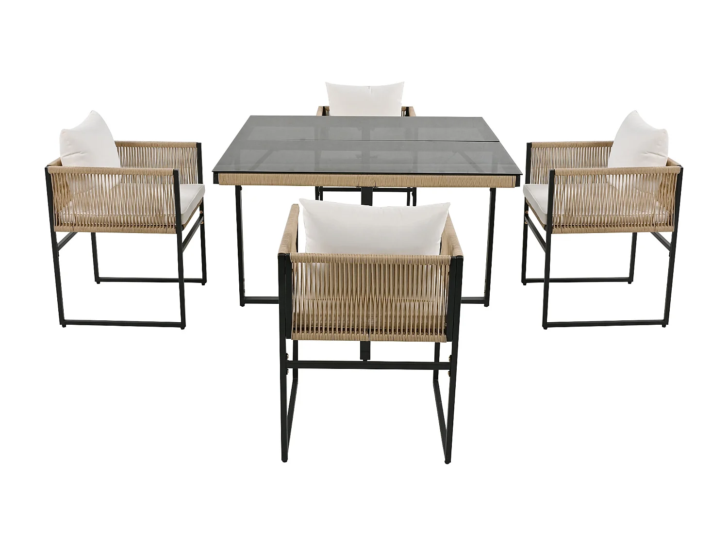 Garden table and chair set - 4 seats - 1 table and 4 chairs decorated with rope - Beige