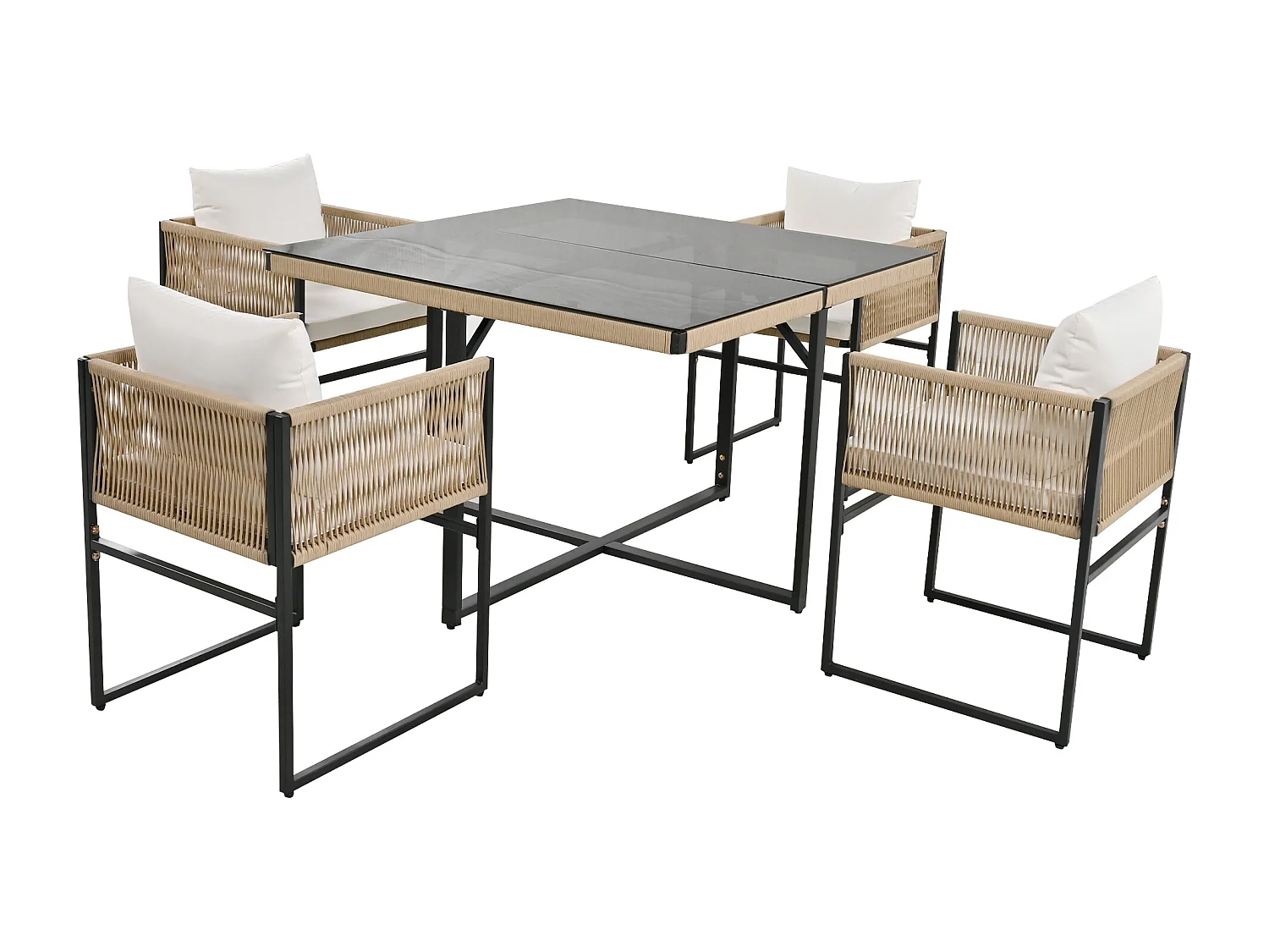 Garden table and chair set - 4 seats - 1 table and 4 chairs decorated with rope - Beige