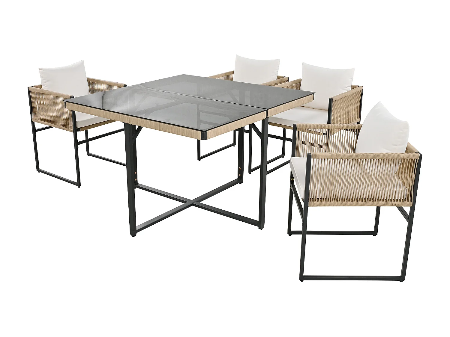 Garden table and chair set - 4 seats - 1 table and 4 chairs decorated with rope - Beige