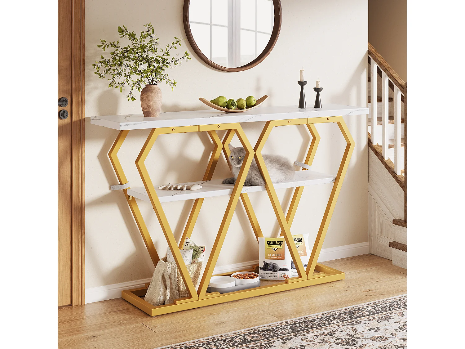 Console table 120x29.5x80 cm - with marble effect top - Metal - White + gold
