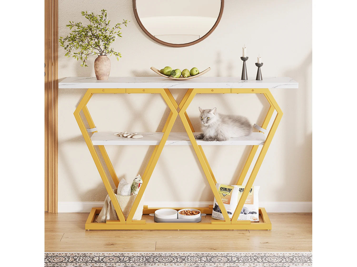 Console table 120x29.5x80 cm - with marble effect top - Metal - White + gold
