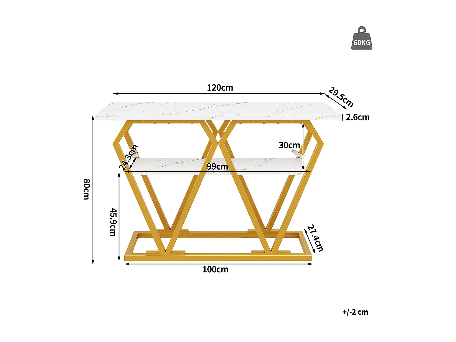 Console table 120x29.5x80 cm - with marble effect top - Metal - White + gold