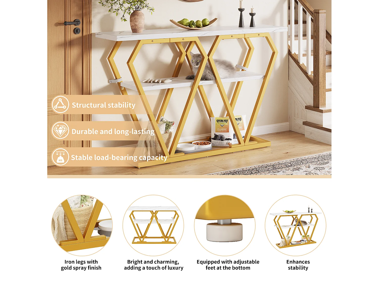 Console table 120x29.5x80 cm - with marble effect top - Metal - White + gold