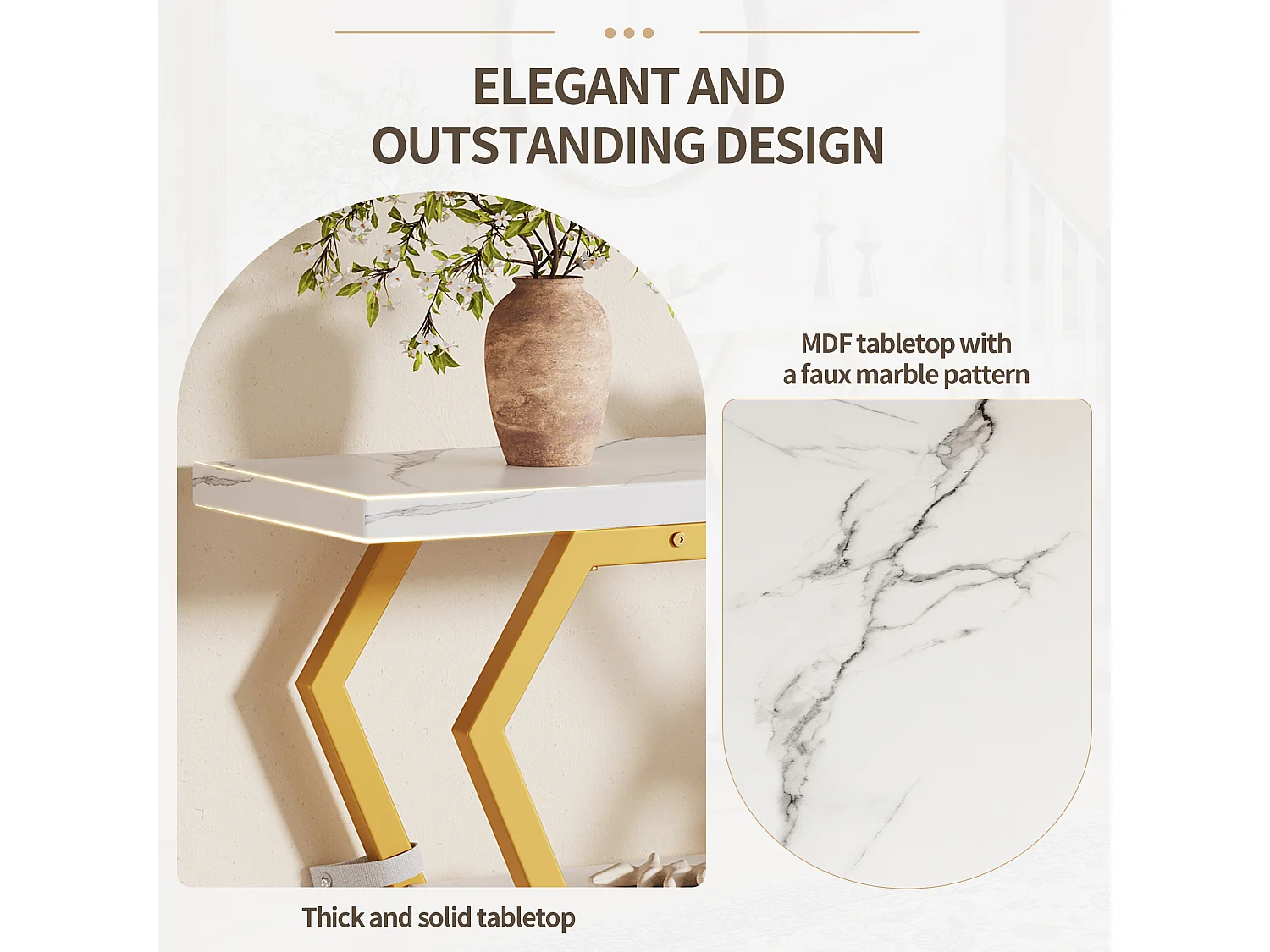Console table 120x29.5x80 cm - with marble effect top - Metal - White + gold