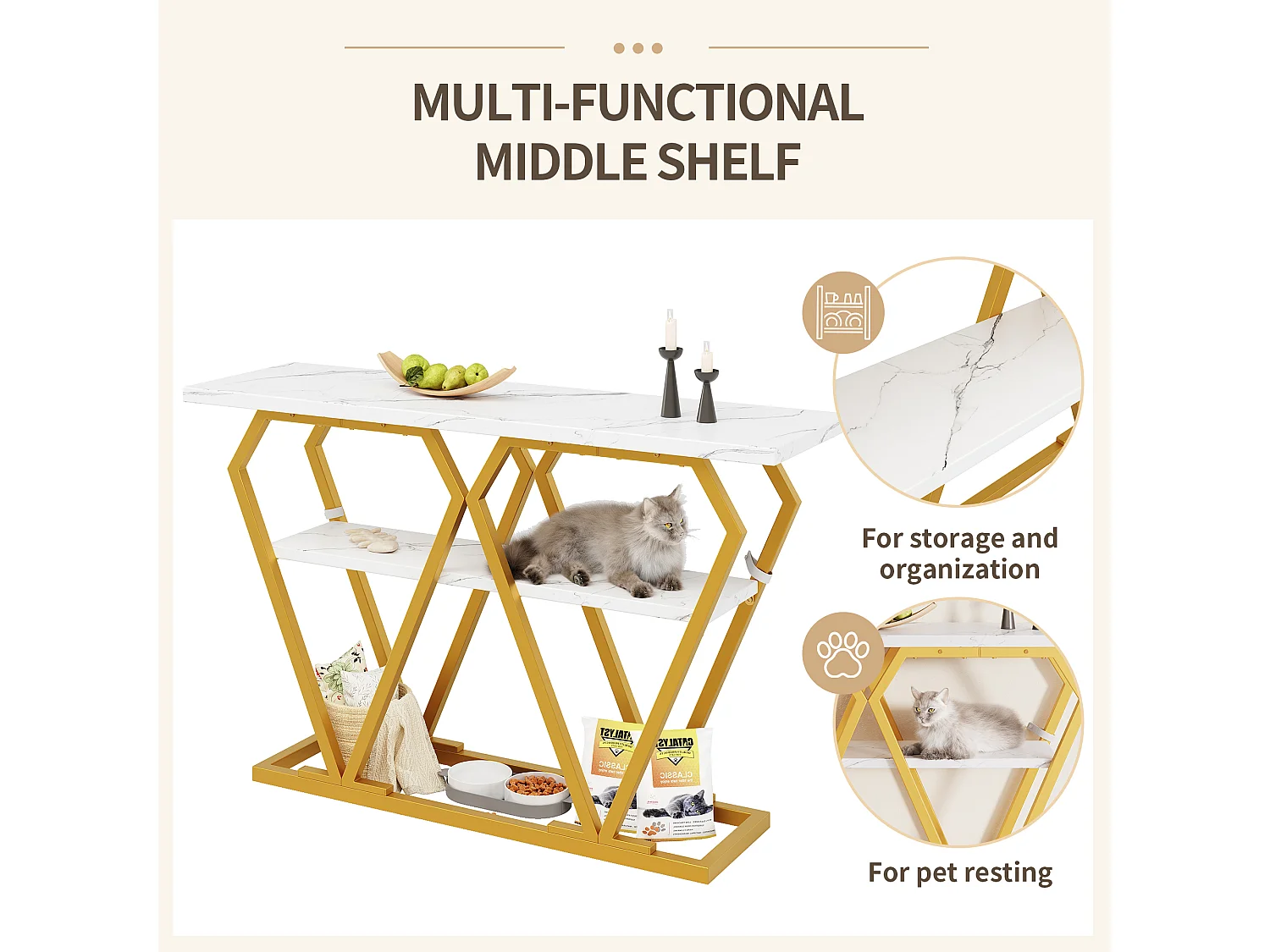 Console table 120x29.5x80 cm - with marble effect top - Metal - White + gold