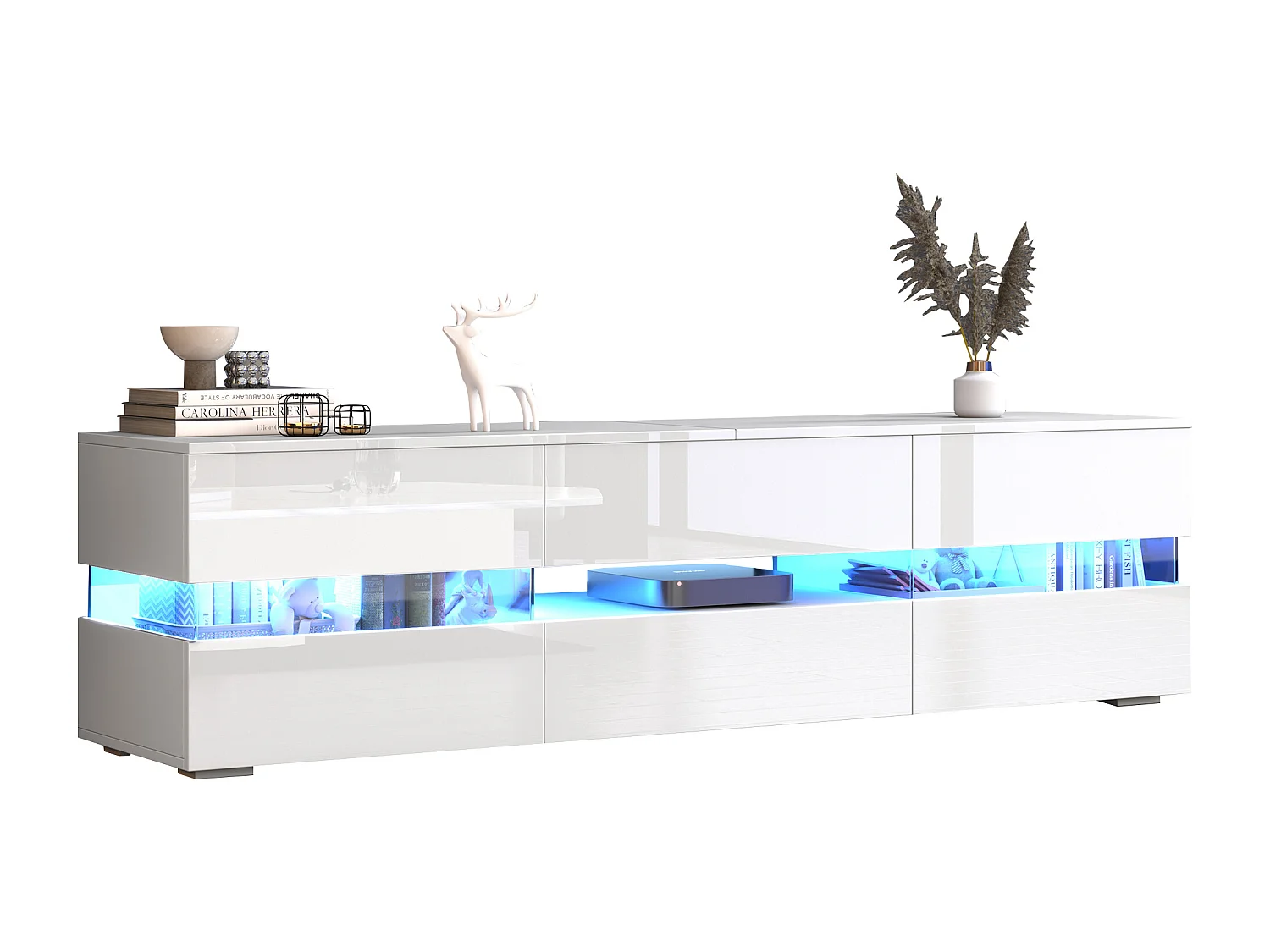 TV stand 160cm for 70" TVs with LED lighting - 2 doors & 1 drawer - White