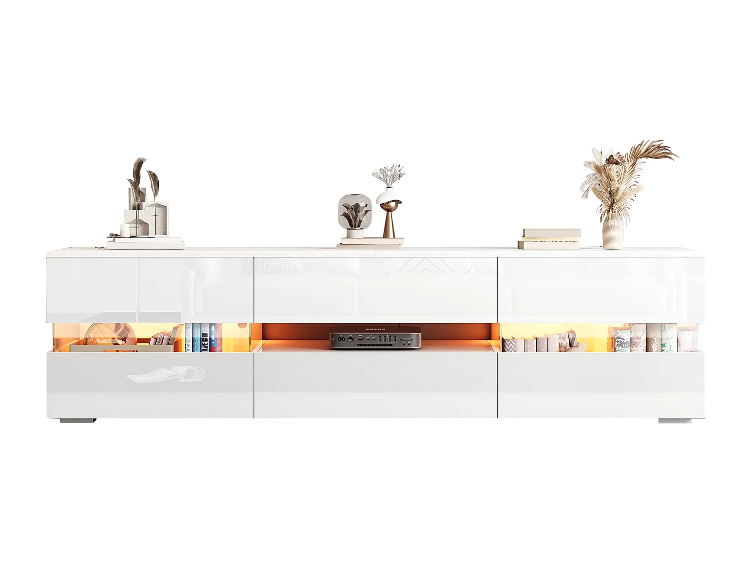 TV stand 160cm for 70" TVs with LED lighting - 2 doors & 1 drawer - White