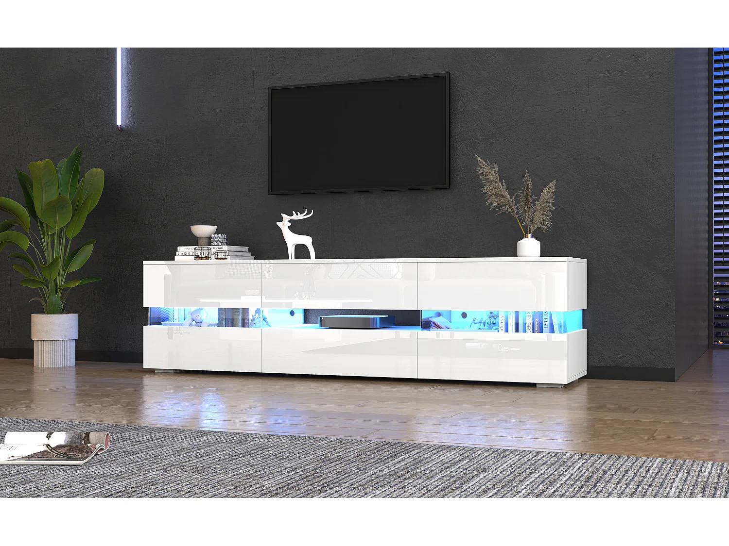 TV stand 160cm for 70" TVs with LED lighting - 2 doors & 1 drawer - White