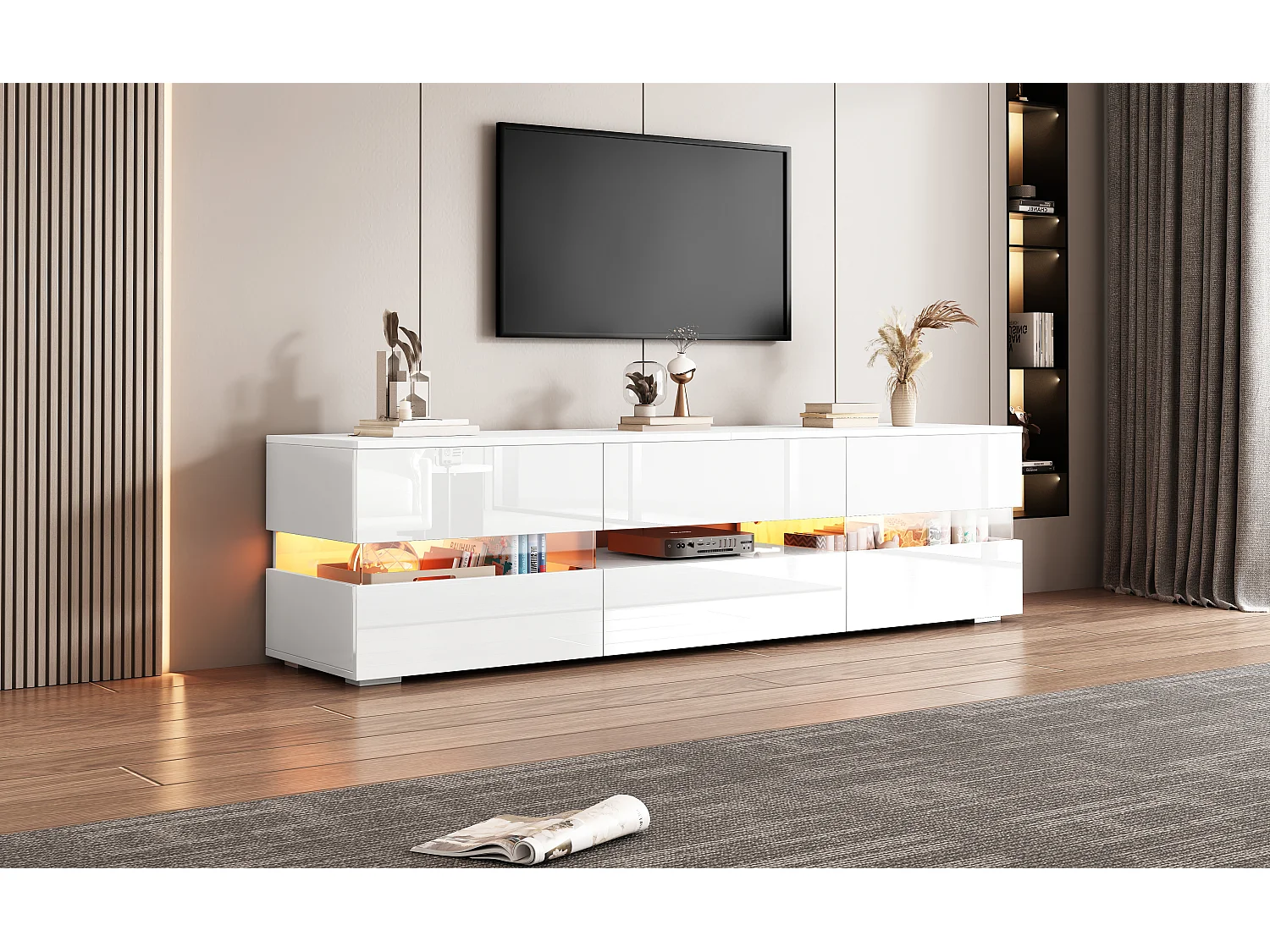 TV stand 160cm for 70" TVs with LED lighting - 2 doors & 1 drawer - White