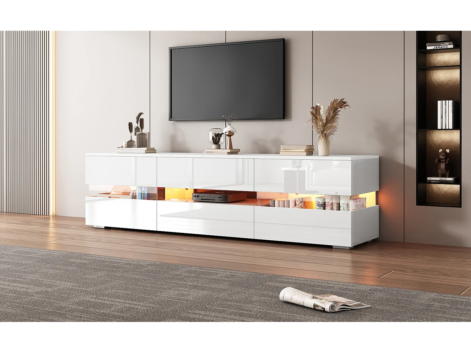 TV stand 160cm for 70" TVs with LED lighting - 2 doors & 1 drawer - White