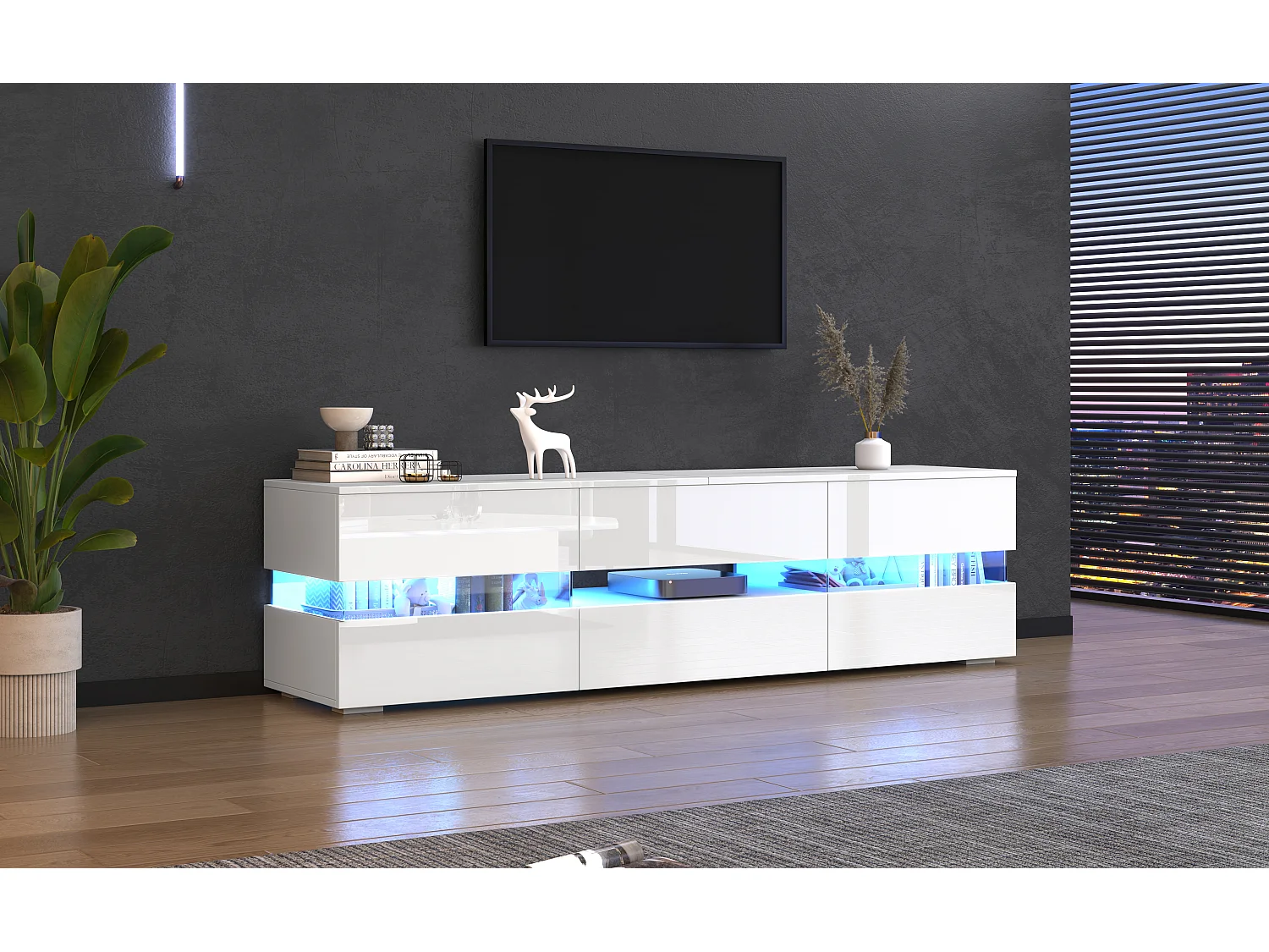 TV stand 160cm for 70" TVs with LED lighting - 2 doors & 1 drawer - White