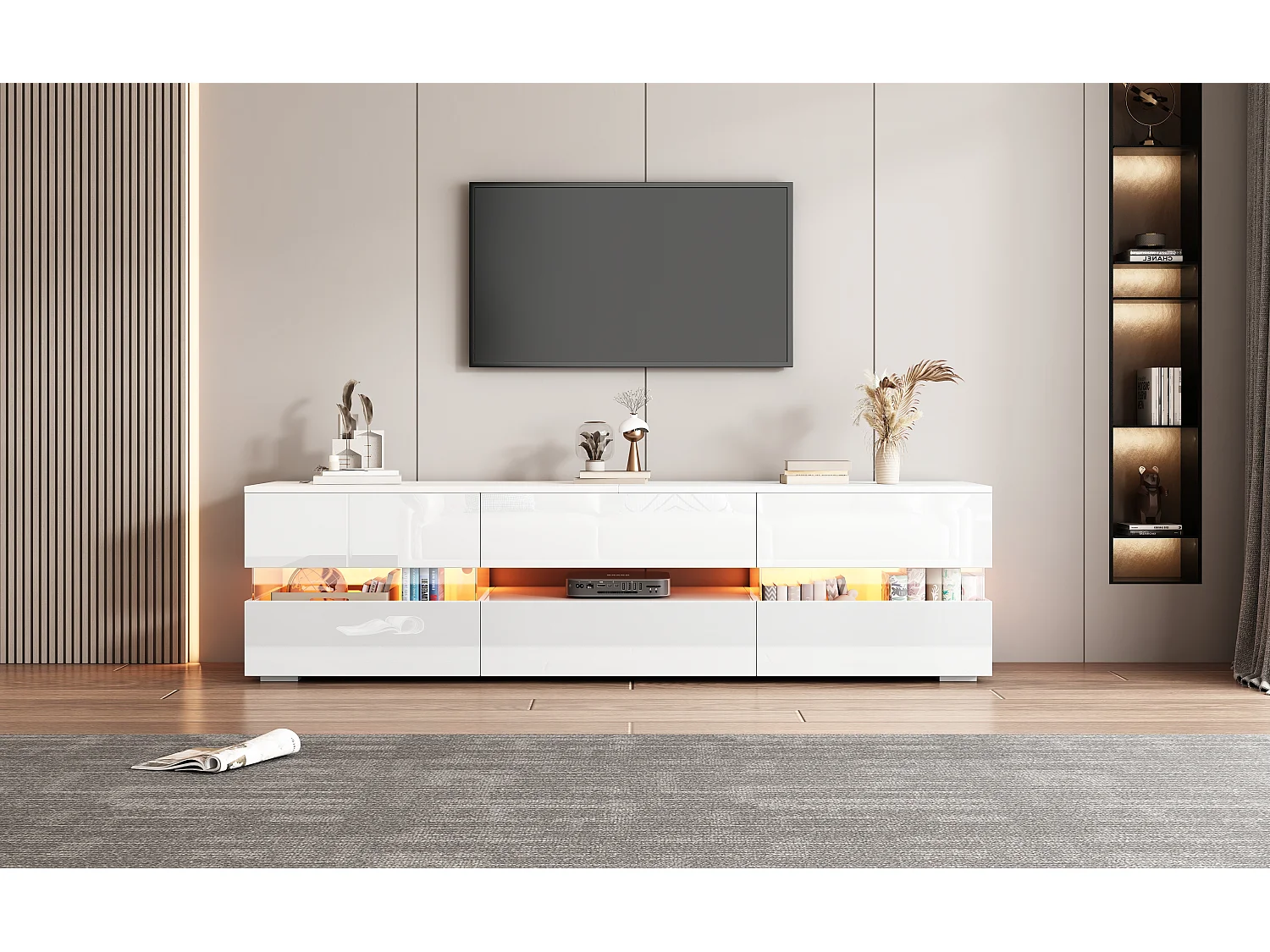TV stand 160cm for 70" TVs with LED lighting - 2 doors & 1 drawer - White