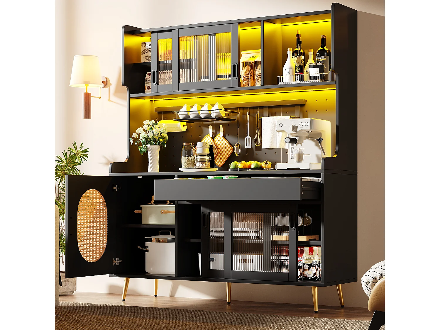 Kitchen Sideboard 145x171cm with LED, Fluted Glass, Pegboard Panel, 5 Doors and XXL Storage - Black
