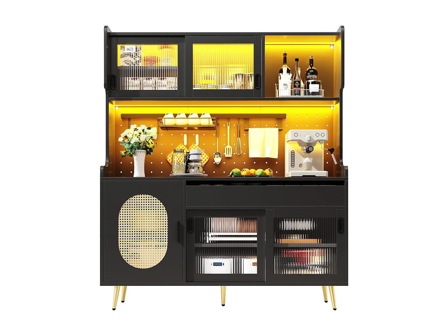 Kitchen Sideboard 145x171cm with LED, Fluted Glass, Pegboard Panel, 5 Doors and XXL Storage - Black