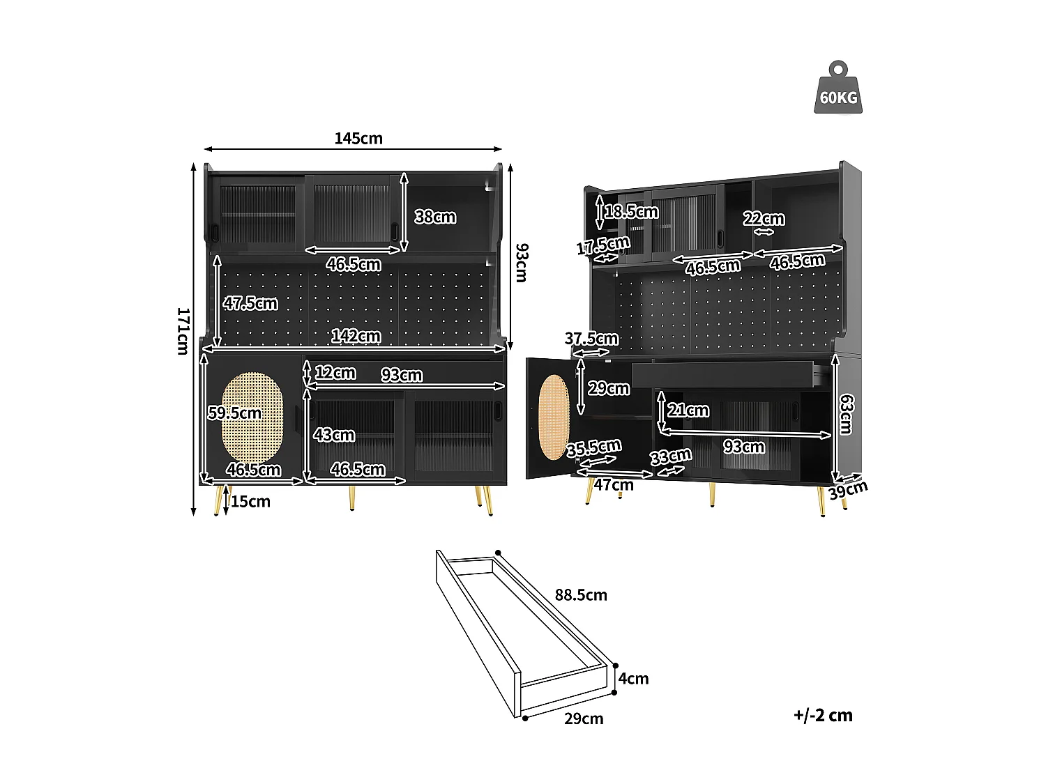 Kitchen Sideboard 145x171cm with LED, Fluted Glass, Pegboard Panel, 5 Doors and XXL Storage - Black