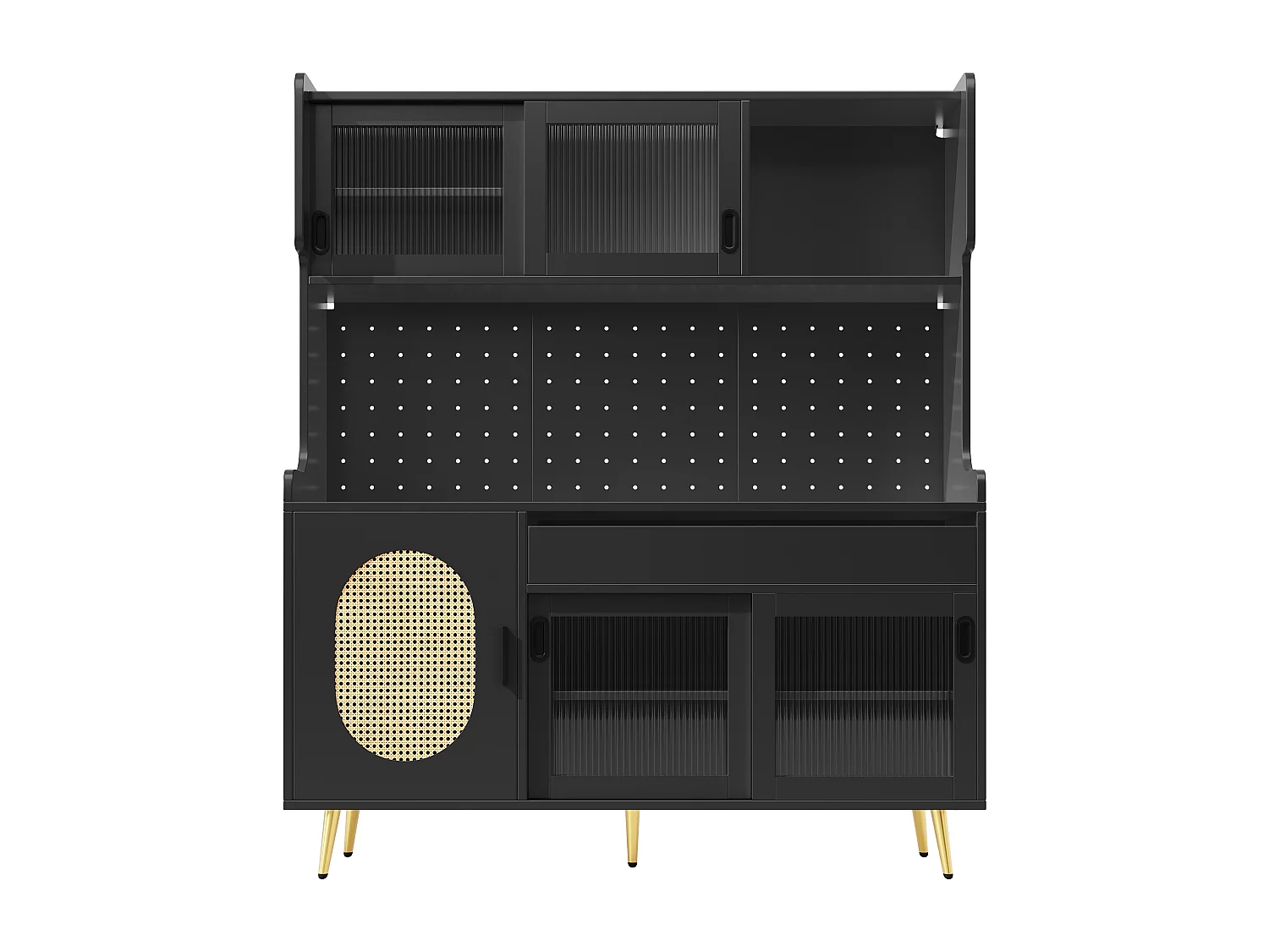 Kitchen Sideboard 145x171cm with LED, Fluted Glass, Pegboard Panel, 5 Doors and XXL Storage - Black