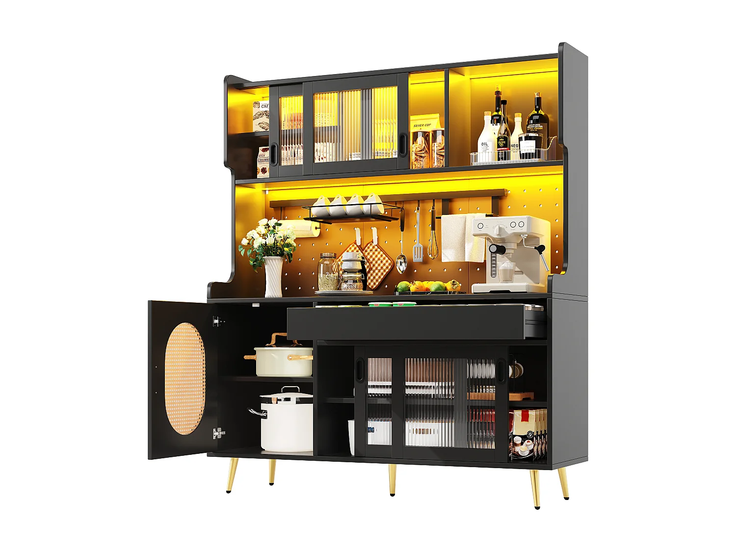 Kitchen Sideboard 145x171cm with LED, Fluted Glass, Pegboard Panel, 5 Doors and XXL Storage - Black