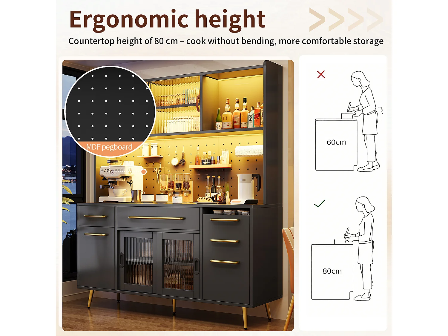Kitchen Sideboard 145x171cm with LED, MDF Pegboard Panel, 2 Drawers, Sliding Doors - Black